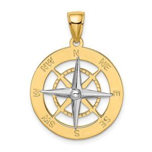 14K Nautical Compass w/ White Rhodium Needle Charm